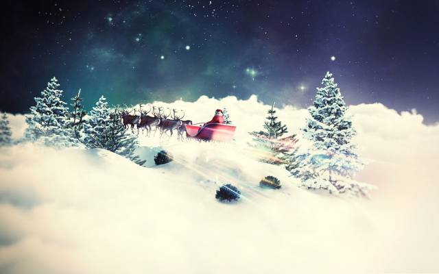 壁纸雪橇,新的一年,树,冬天,圣诞老人,鹿