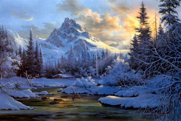 雪,山,冬,烟,吃,小屋,河,森林,雪,大自然,小屋,绘画,太阳的...