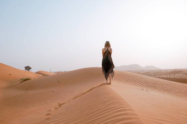 黑色和棕色的连衣裙的女人走在沙漠高清壁纸