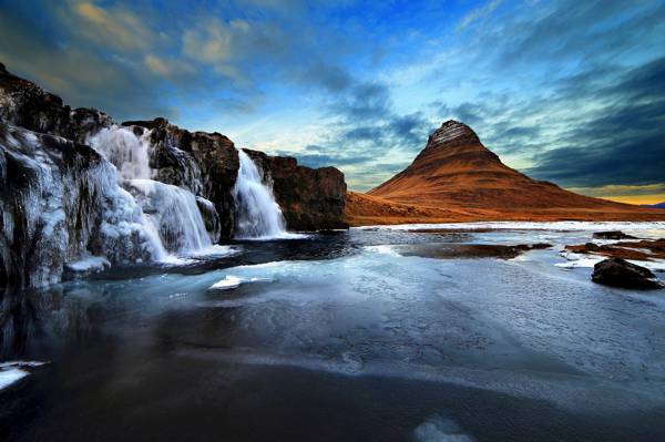 火山,Kirkjufell,山,冰岛,瀑布,天空,岩石