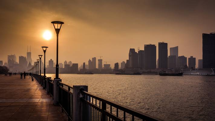 摩天大楼,上海,中国,亚洲,中国,阳光,灯光,海滨长廊,河流,上海