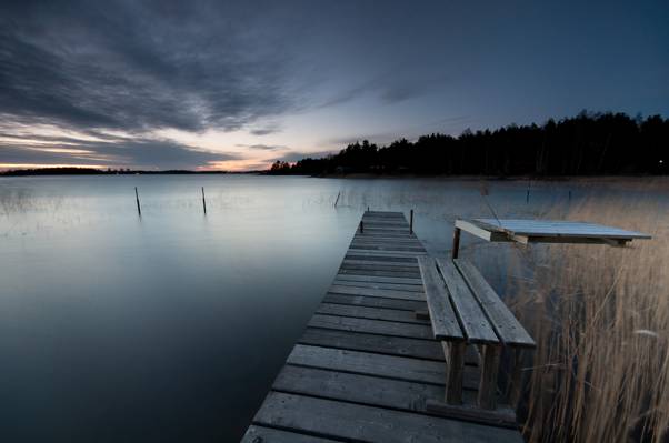 桥,板凳,树,岸,瑞典,木,湖,晚上,云,天空,森林,日落