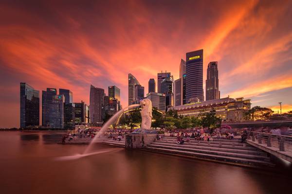 大都会,摩天大楼,建筑,蓝色,灯,喷泉,灯,晚上,新加坡
