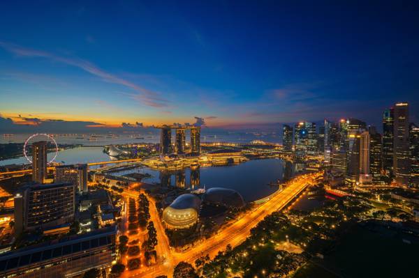 壁纸megapolis,摩天大楼,建筑,蓝色,灯,灯,喷泉,晚上,夜,新加坡