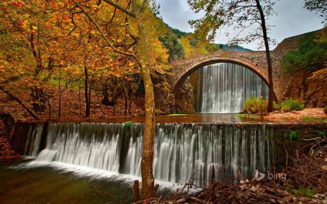 希腊,桥,瀑布,树木,秋天,特里卡拉,天空,河流