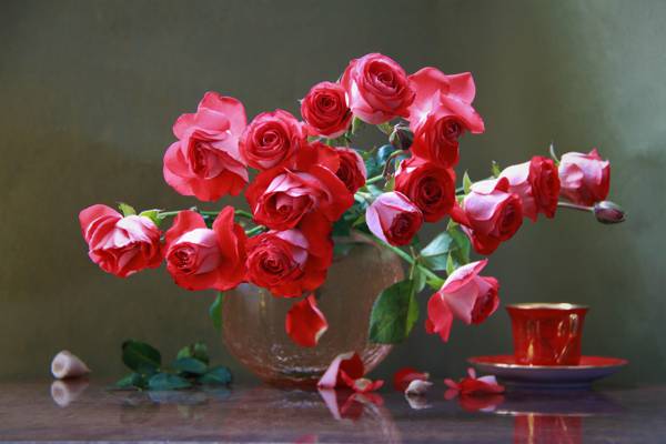 壁纸鲜花,花瓶,花瓣,杯,Natalya Kudryavtseva,玫瑰,贝壳