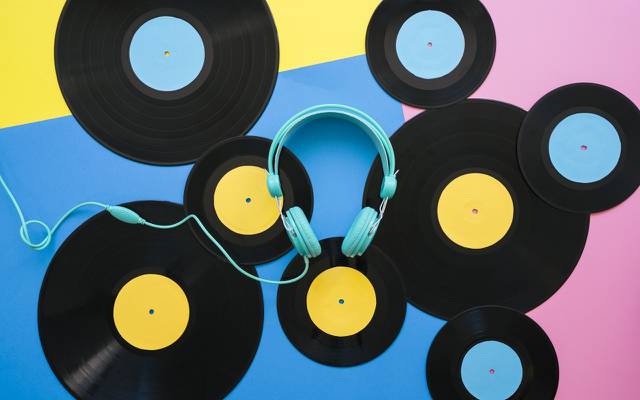 壁纸黑胶唱片,唱片,蓝色,乙烯基,耳机,黄色