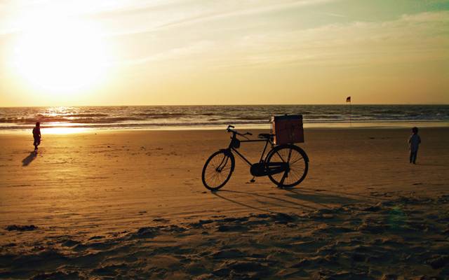 印度,自行车,儿童,沙滩,果阿,沙,海,海洋,太阳,天空,日落