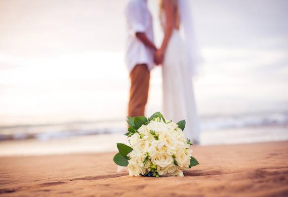 花,海滩,海,婚纱,花束,情侣,婚礼,只是结婚