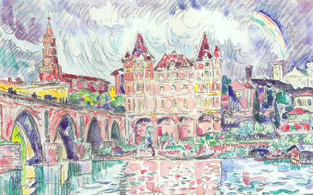 河,水彩画,城市景观,图,家,保罗Signac,桥,在蒙托邦观...