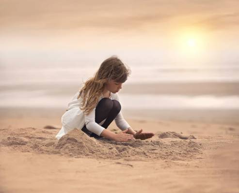 女孩,创造力,沙滩,沙子