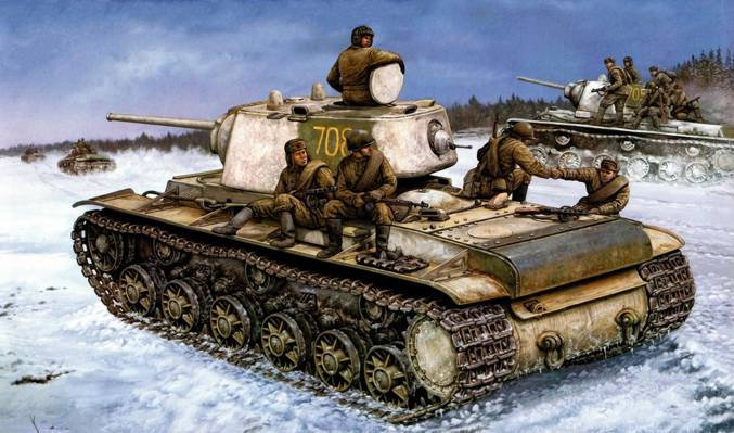 俄罗斯步兵,KV-1,红军,二战,绘画,艺术,俄罗斯坦克,战争