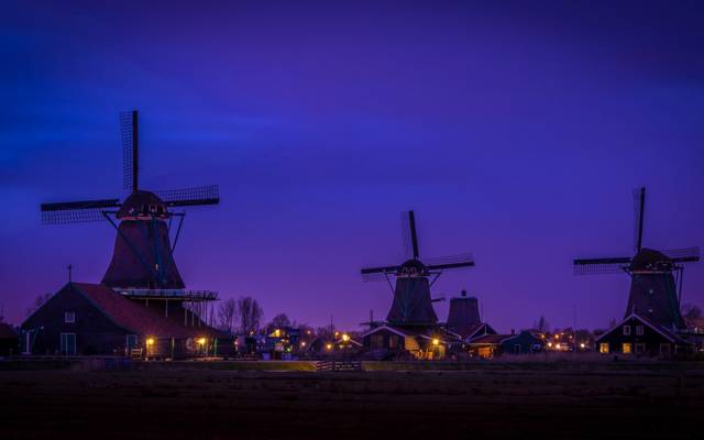 村庄,荷兰,风车,晚上,家,Zaanse Schans