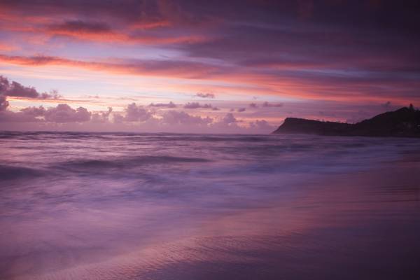 山,云,紫色,岸,海滩,色调,海,晚上,波,粉红色,云,日落