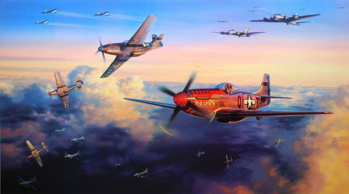 航空,二战,绘画,飞机,空战,艺术,B-17,P-51D,飞机,轰炸,绘画,战争