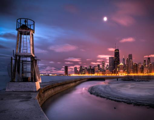灰色的金属手表塔和黎明,芝加哥高清壁纸高层建筑