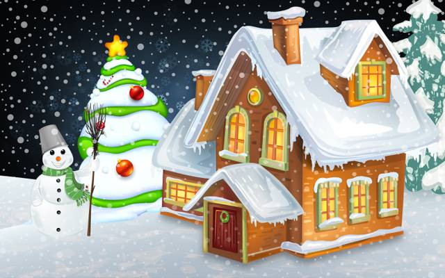 心情,新年,房子,雪人,雪花,房子,树,极简主义,冬天,圣诞节,树,雪