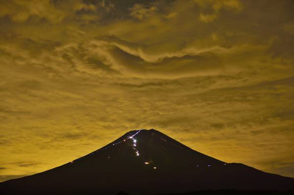 灯,晚上,富士山,云,天空,日本