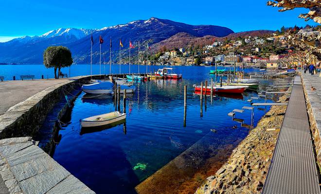 瑞士,船,游艇,山,家,阿斯科纳,湖,天空,海滨长廊,景观