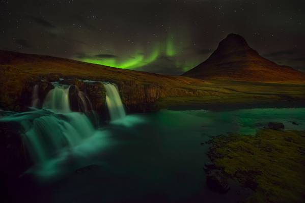火山,山,Kirkjufell,雪,瀑布,北极光,夜晚,冰岛,岩石