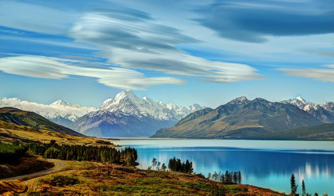 山,路,新西兰,湖,美丽,瓦卡蒂普湖,云,天空,岩石,森林,冰川