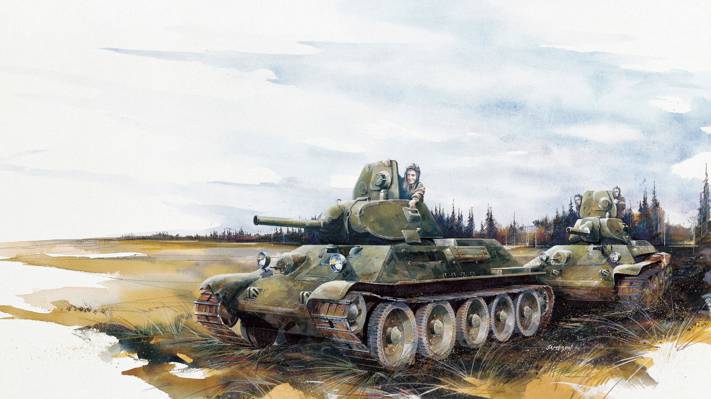 WW2。,铅笔,苏联,艺术,平均,图,T-34-76,笔画,坦克,1940年,OBR,水彩