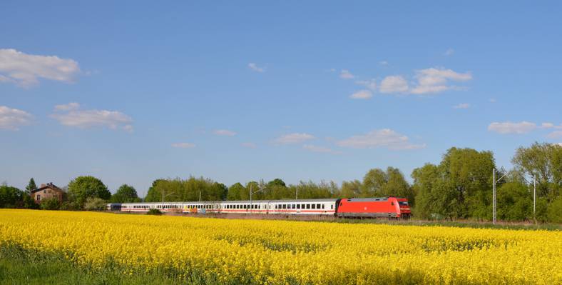 白天红色火车全景照片,db城际间高清壁纸