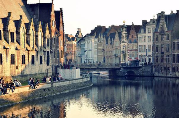 比利时,桥,根特,反思,家,城市,窗户,通道,水,建筑