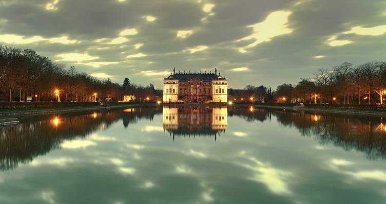 湖,公园,反射,暮光之城,灯,德累斯顿,城堡