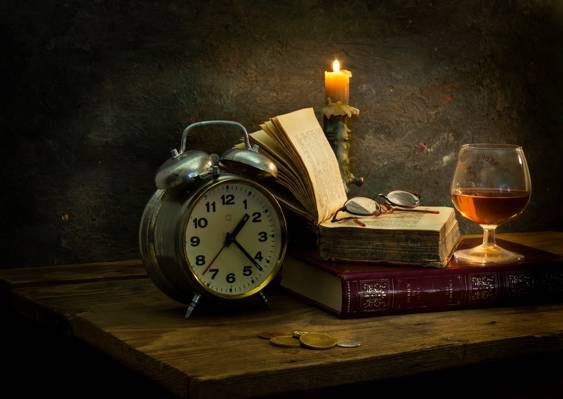 书籍,蜡烛,蜡,手表,玻璃,眼镜,宁静的享受