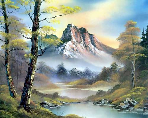 图片,风景,山,自然,树,绘画,鲍勃·罗斯,鲍勃·罗斯,水,云,桦木,天空,...