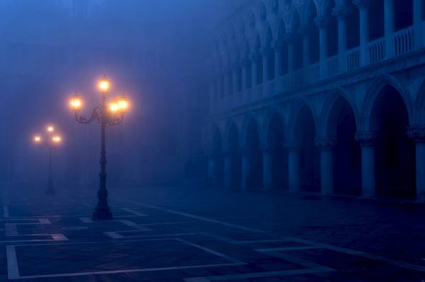 圣马可广场,圣马可广场,威尼斯,意大利,灯光,灯光,雾,城市,傍晚,...