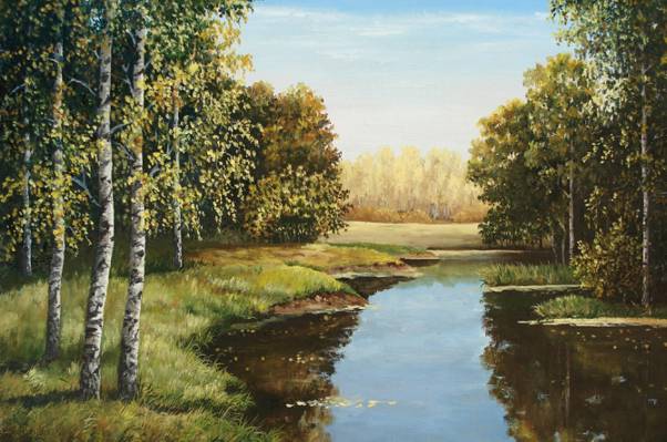 图片,绘画,岸,水,秋天的气息,艺术家,Lutsenko,天空,桦木,河,森林