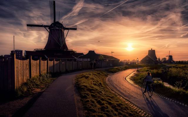 荷兰,太阳,磨坊,街道