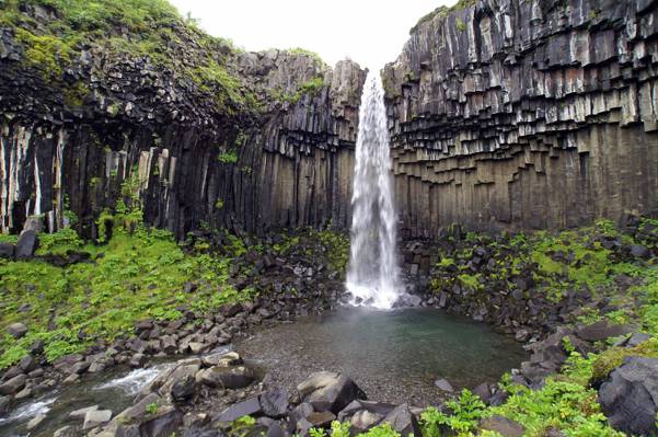 周围的绿色植物瀑布,冰岛高清壁纸
