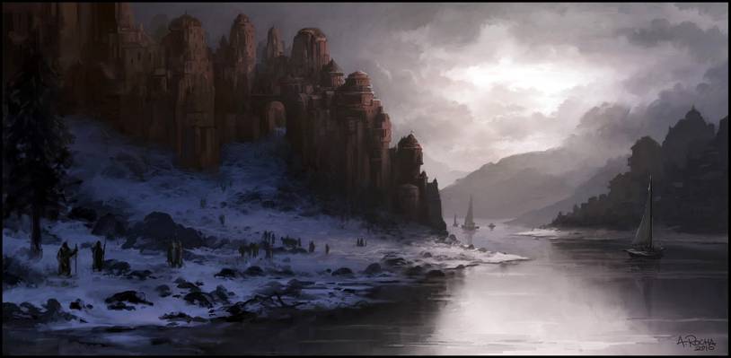 船,雪,艺术,冬天,人,城堡,暮光之城,安德烈亚斯罗沙,天空,河流,云彩