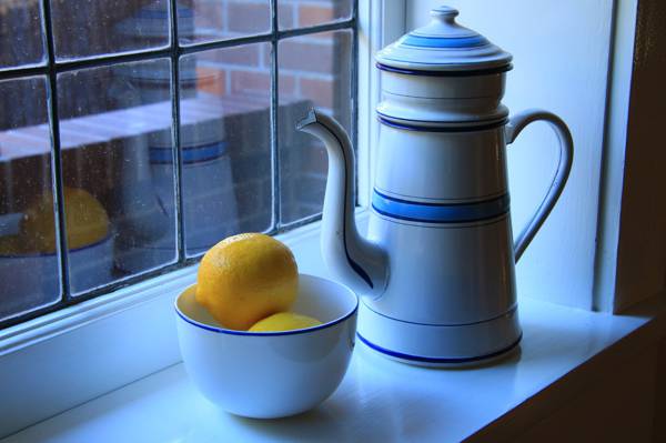 窗口,碗,柠檬,静物,水壶