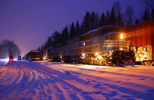 机车,雪,冬季,组成,树木,火车,灯,晚上,铁路,森林