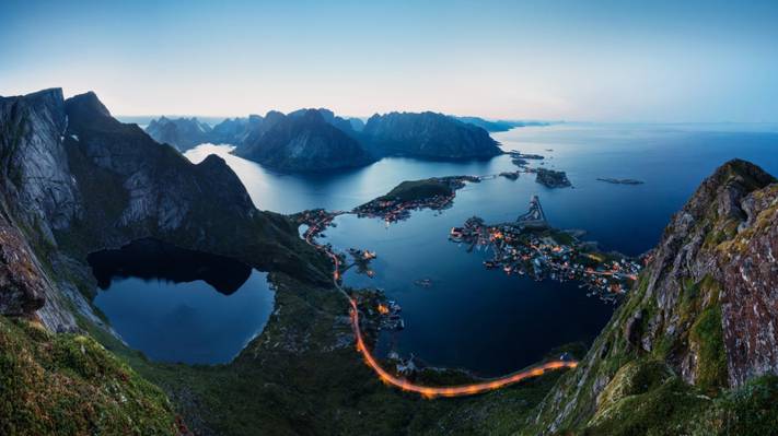 壁纸灯,罗弗敦群岛,晚上,山,挪威,峡湾