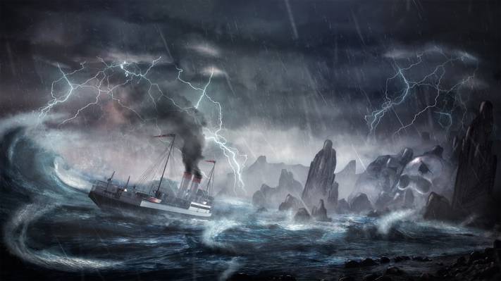 船,风暴,闪电,岛,风暴,波,岩石,灾难