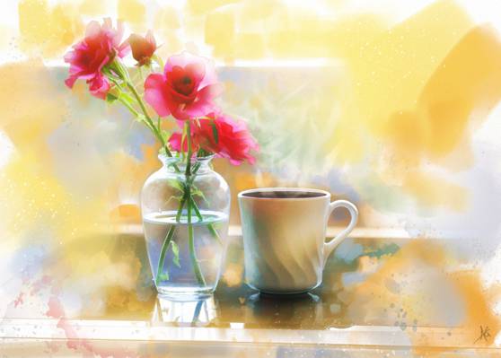 花瓶,鲜花,杯,绘画,咖啡,玫瑰