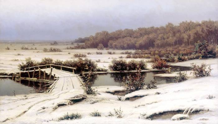 图片,画布,景观,桥,冷,树,岸,灌木丛,绘画,狼,第一场雪,河,...
