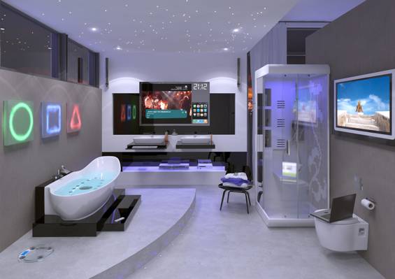 室内,浴室,室内,设计,电视,技术,未来,笔记本电脑,浴室,konnaia,淋浴,扬声器