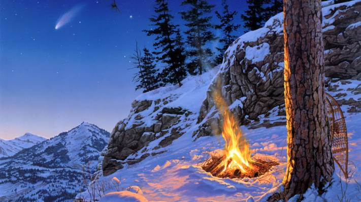 壁纸云杉,雪,星落,山,冬天,松,绘画,曾经在一生中,傍晚,... ...  - 