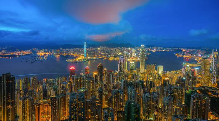海,中国,香港,夜晚的城市,夜晚的灯光,风景,城市