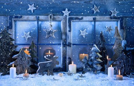 圣诞节,新年,装饰品,蜡烛,雪,枞树,明星（水平）