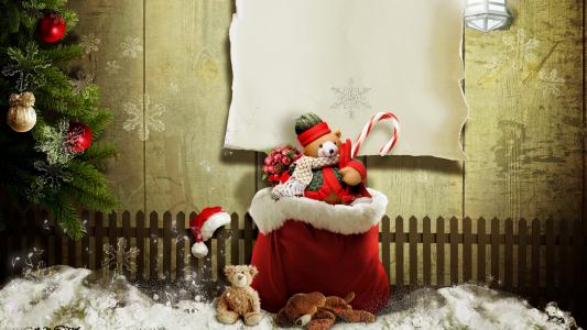 圣诞节装饰,礼物,礼物,泰迪熊,雪,4K