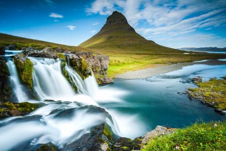 雷克雅未克,冰岛,瀑布,河流,山,4k（水平）