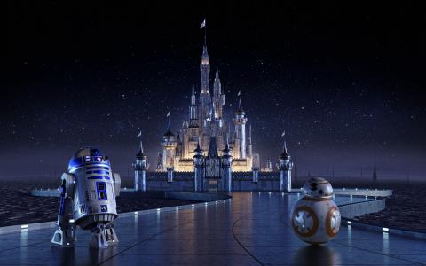 迪斯尼城堡,R2-D2,BB-8,星球大战,灰姑娘城堡,4K