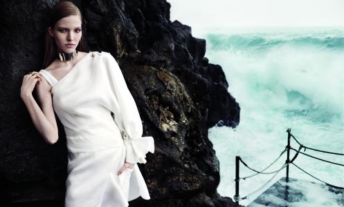 萨沙·勒斯,顶级时装模特2015,模特儿,海滩,白色连衣裙,海洋,海洋,（水平）